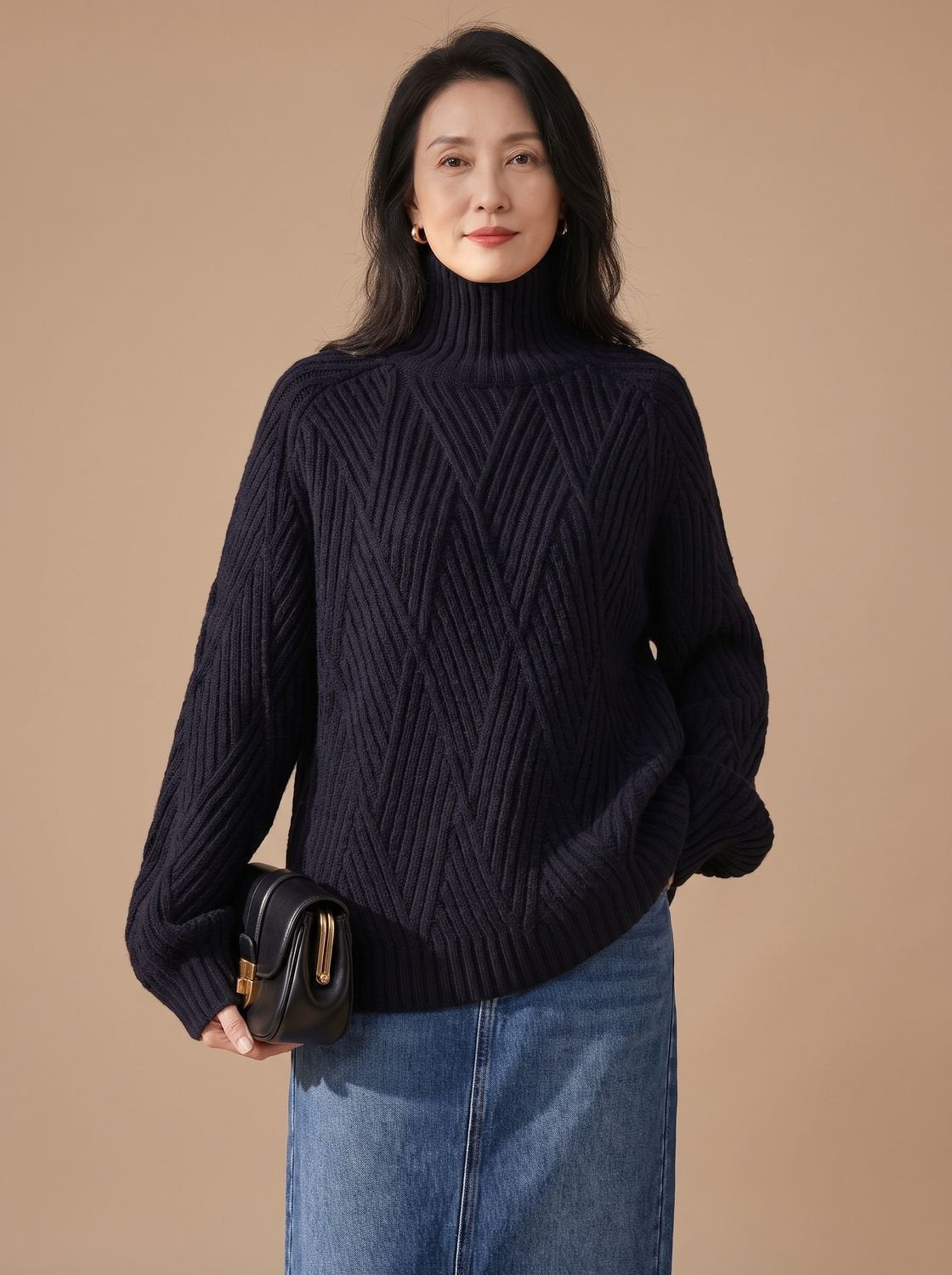 Rollkragenpullover Damen aus Baumwollmischung, Oversize mit Zopfmuster