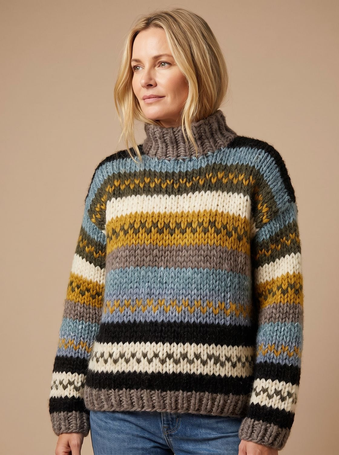 Rollkragenpullover Damen aus Grobstrick, hüftlang mit Streifenmuster