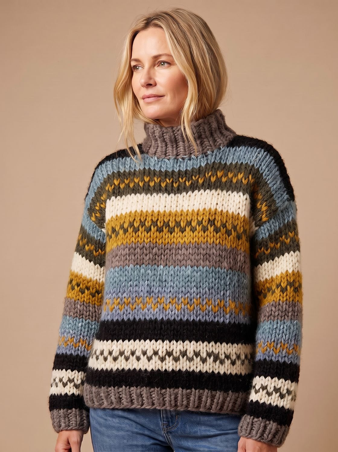 Rollkragenpullover Damen aus Grobstrick, hüftlang mit Streifenmuster