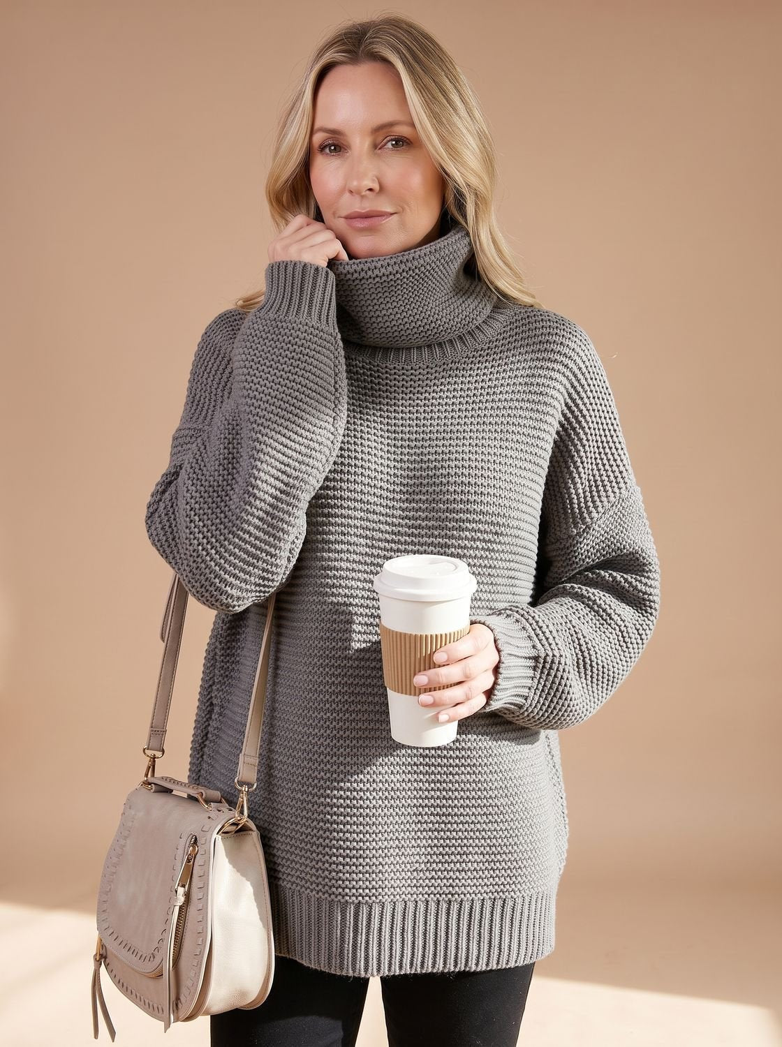 Rollkragenpullover Damen aus Grobstrick, Oversize für den Winter