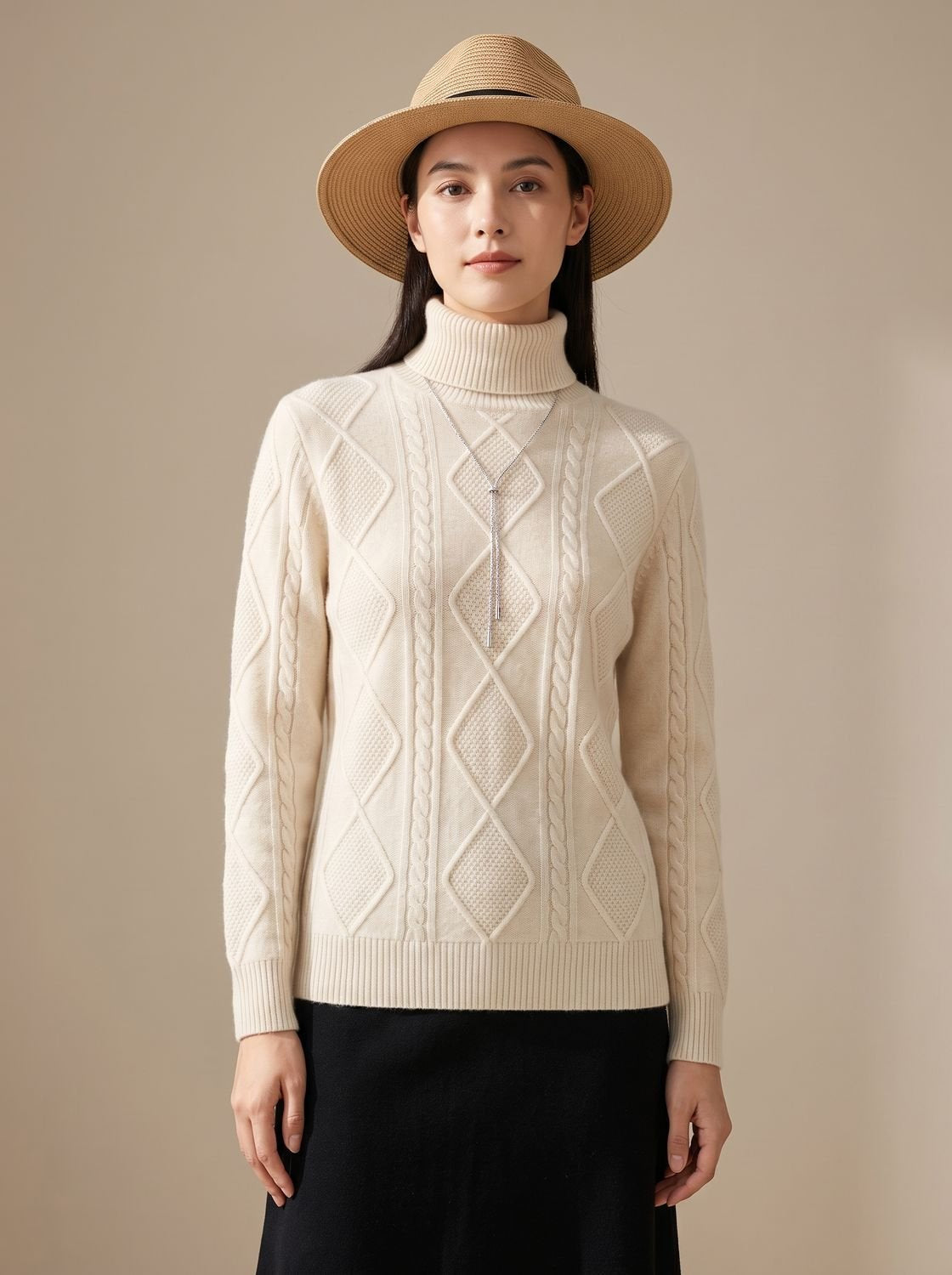 Rollkragenpullover Damen aus Kaschmir mit Zopfmuster