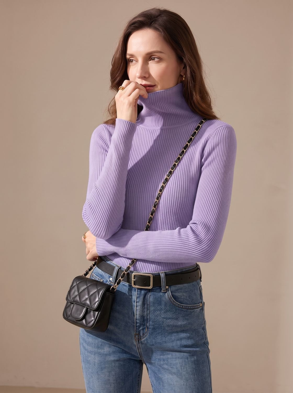 Rollkragenpullover Damen aus Rippstrick, figurbetont und langärmelig