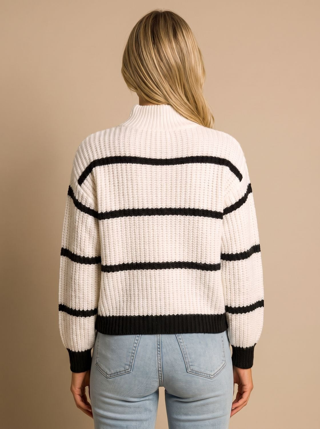 Rollkragenpullover Damen aus Rippstrick, Oversize mit Streifen