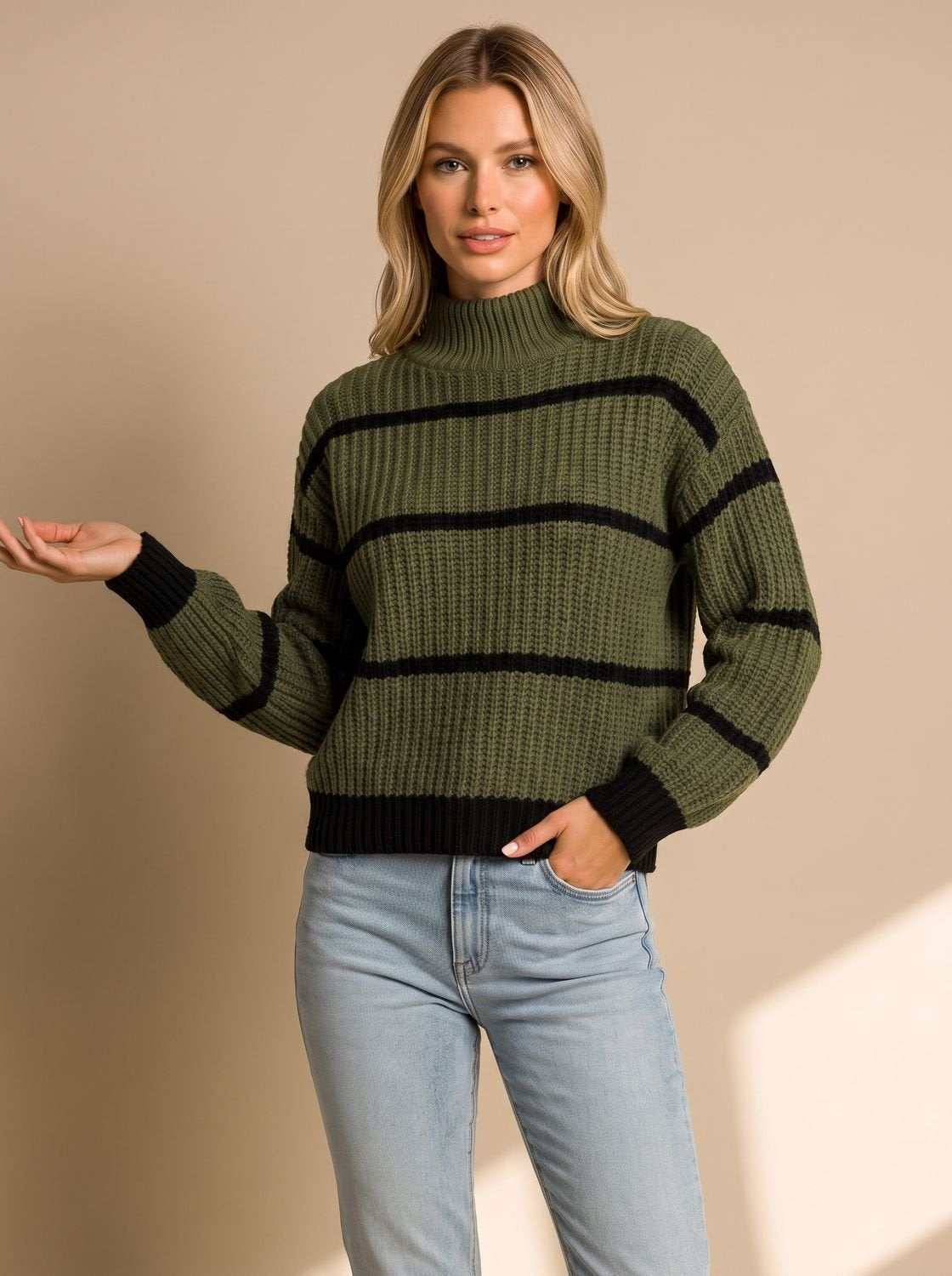Rollkragenpullover Damen aus Rippstrick, Oversize mit Streifen