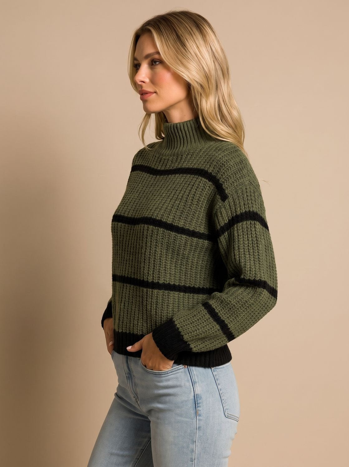 Rollkragenpullover Damen aus Rippstrick, Oversize mit Streifen