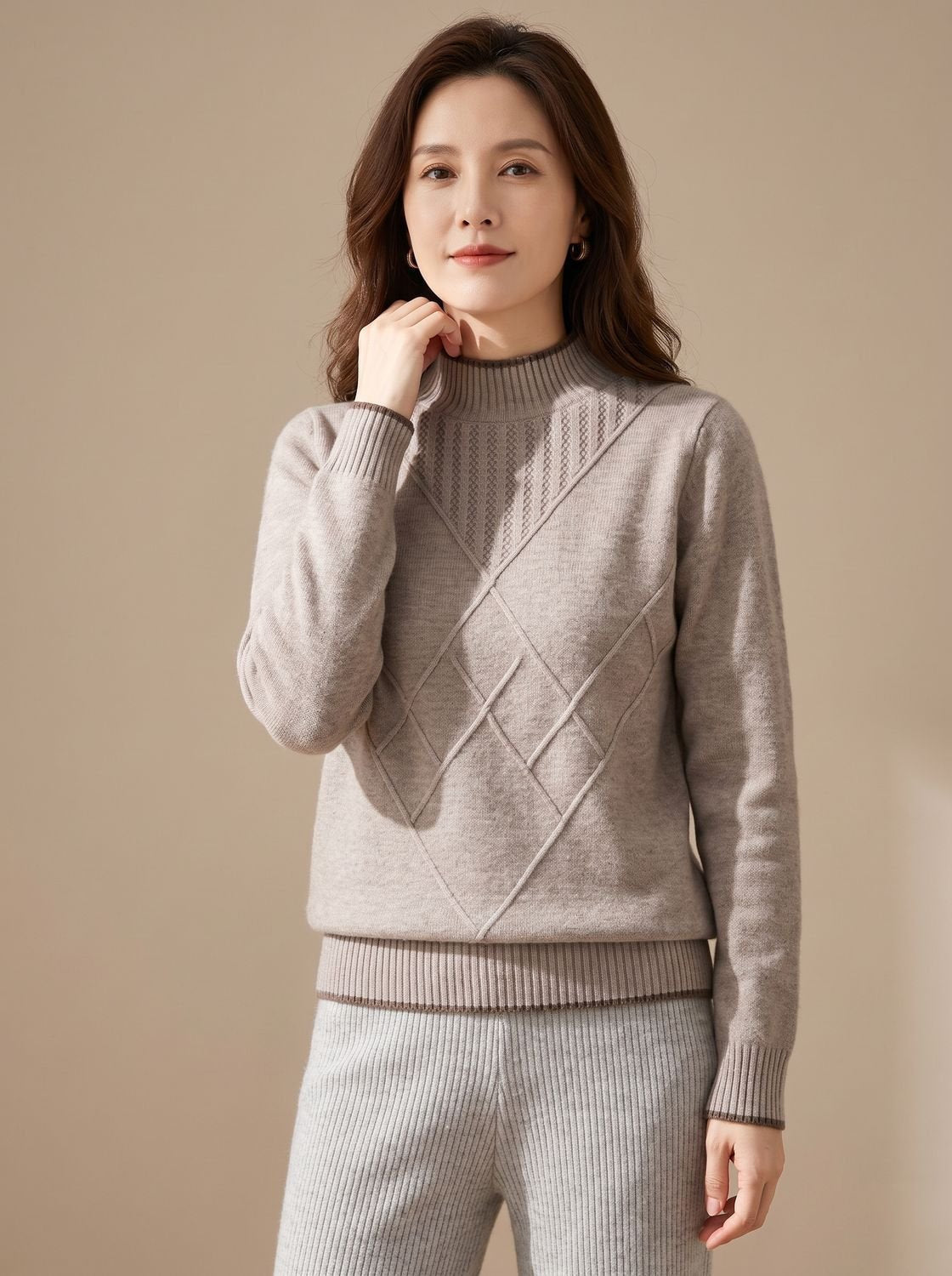 Rollkragenpullover Damen locker gestrickt mit Halbkragen und Rautenmuster