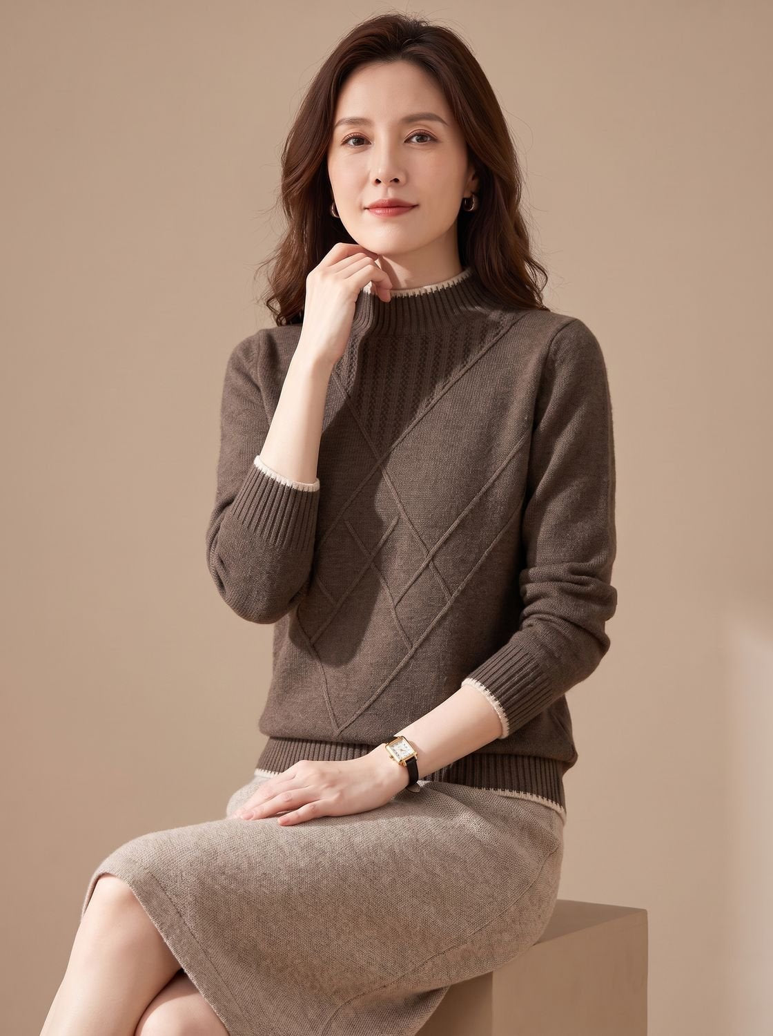 Rollkragenpullover Damen locker gestrickt mit Halbkragen und Rautenmuster
