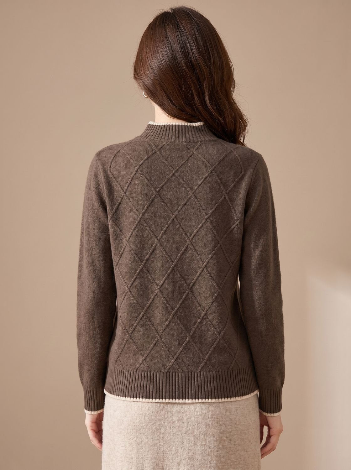 Rollkragenpullover Damen locker gestrickt mit Halbkragen und Rautenmuster