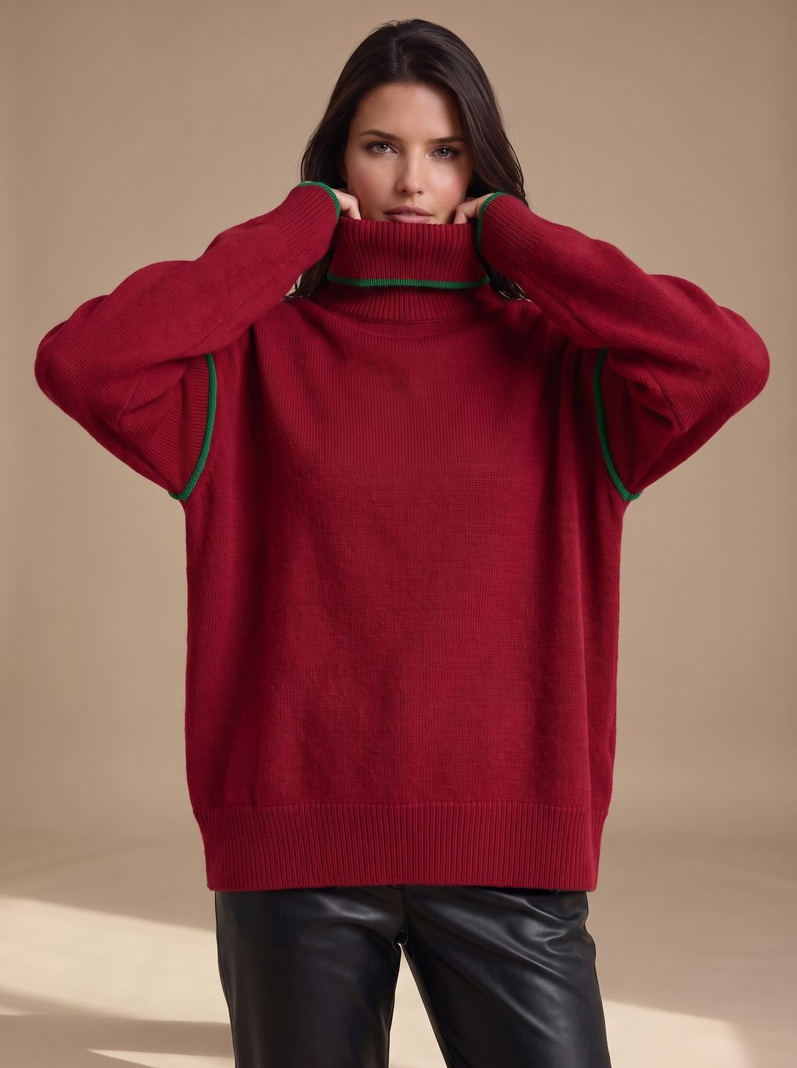 Rollkragenpullover Damen mit weitem Schnitt, hüftlang für Herbst und Winter