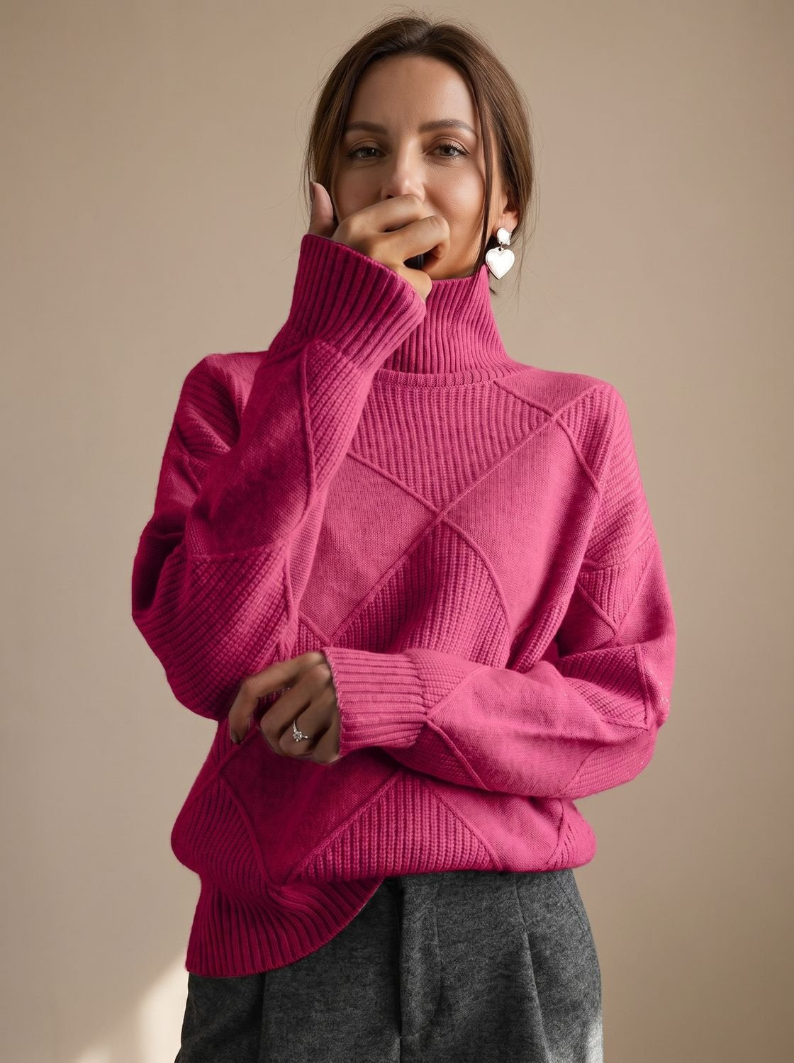 Rollkragenpullover Damen Oversize mit geometrischem Strickmuster