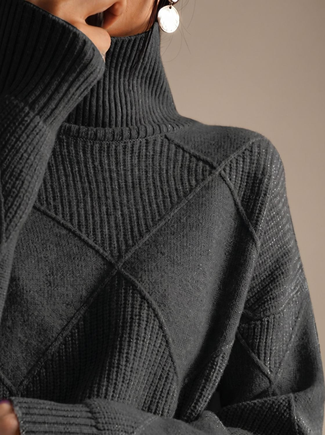 Rollkragenpullover Damen Oversize mit geometrischem Strickmuster