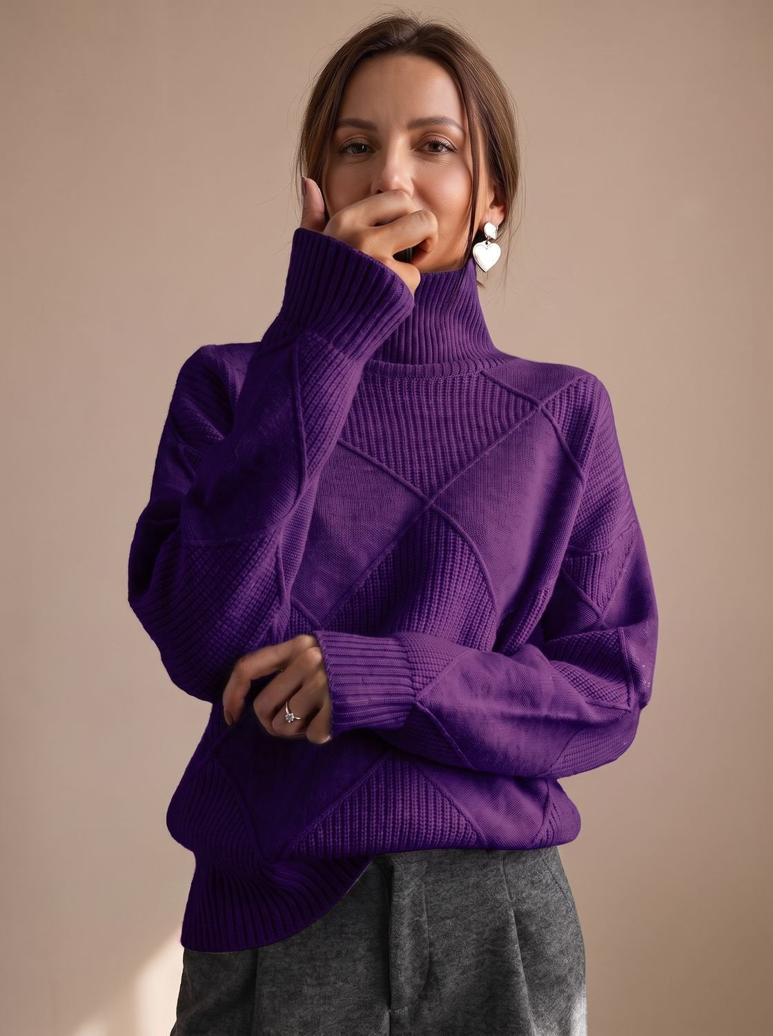 Rollkragenpullover Damen Oversize mit geometrischem Strickmuster