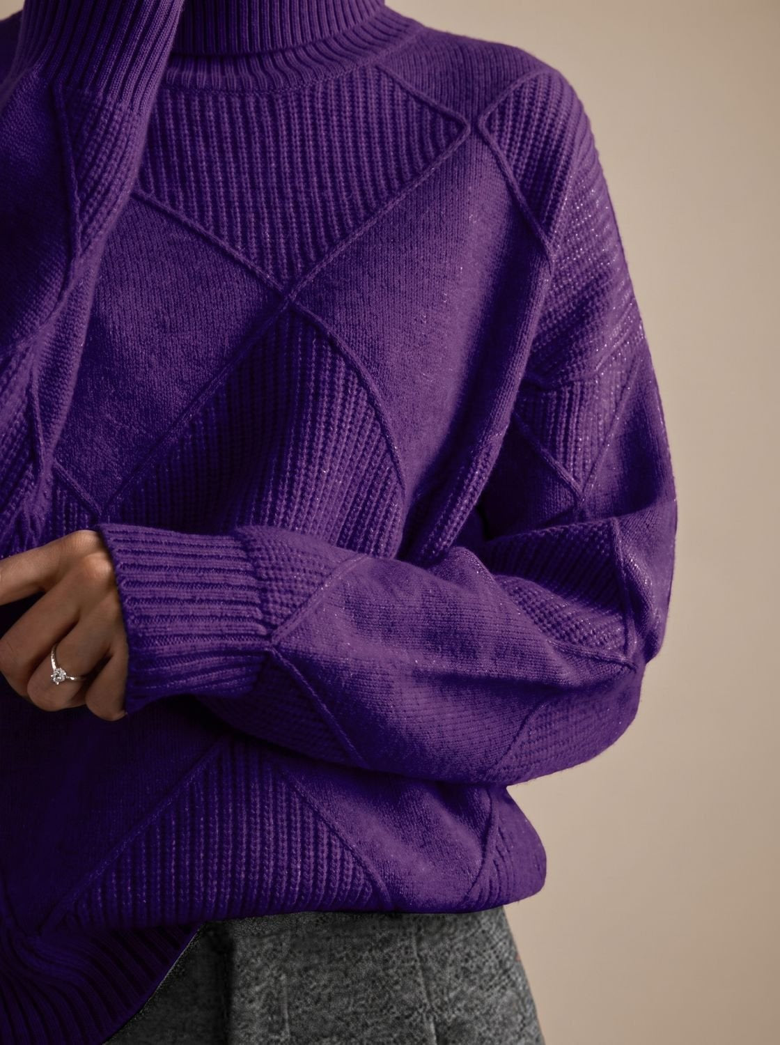Rollkragenpullover Damen Oversize mit geometrischem Strickmuster
