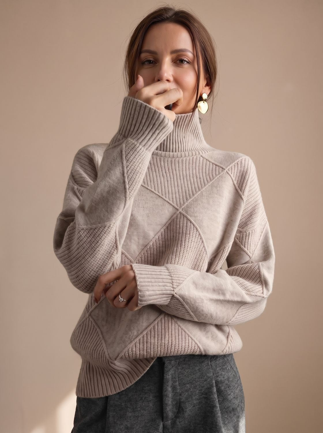 Rollkragenpullover Damen Oversize mit geometrischem Strickmuster