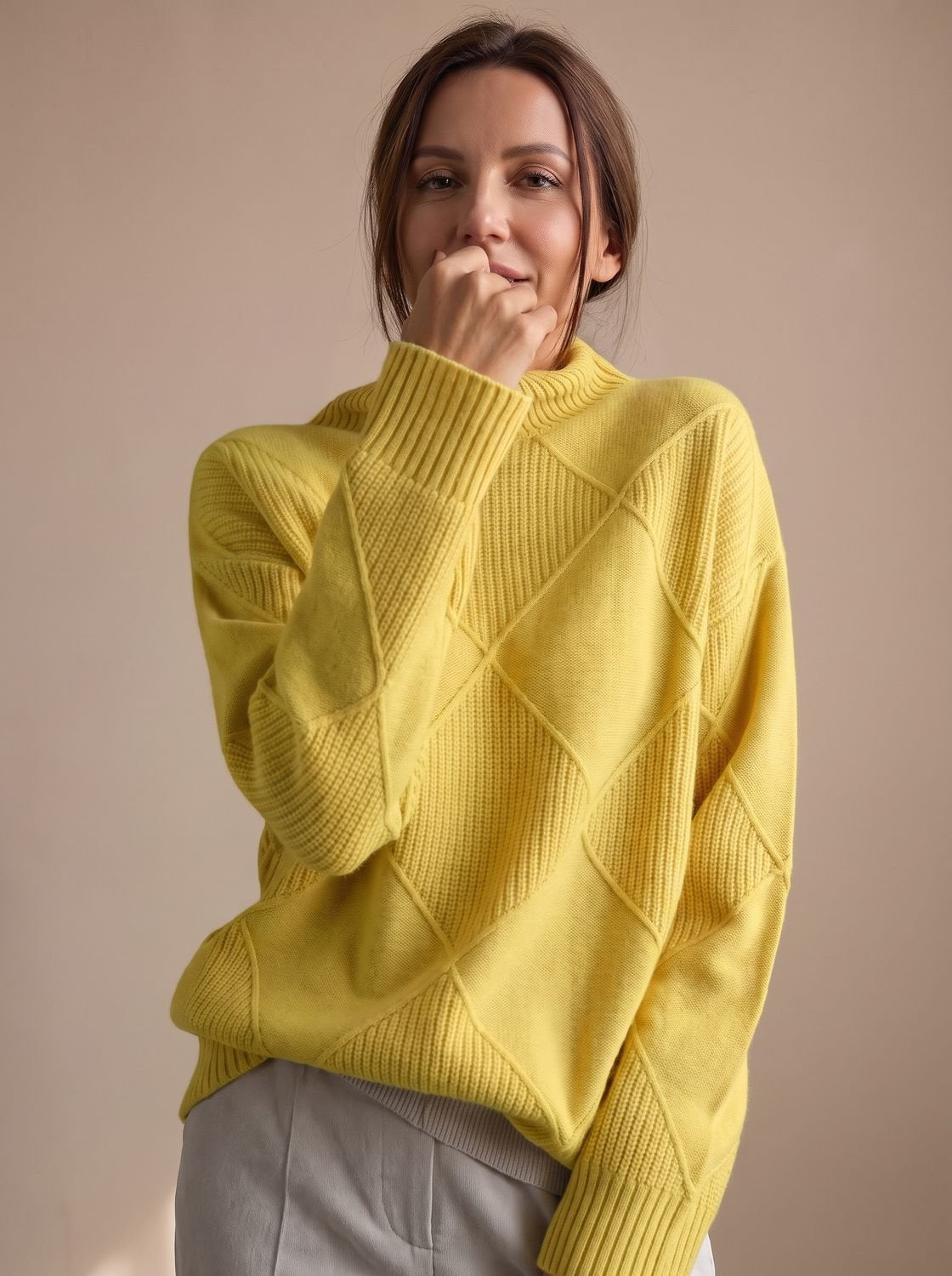 Rollkragenpullover Damen Oversize mit geometrischem Strickmuster