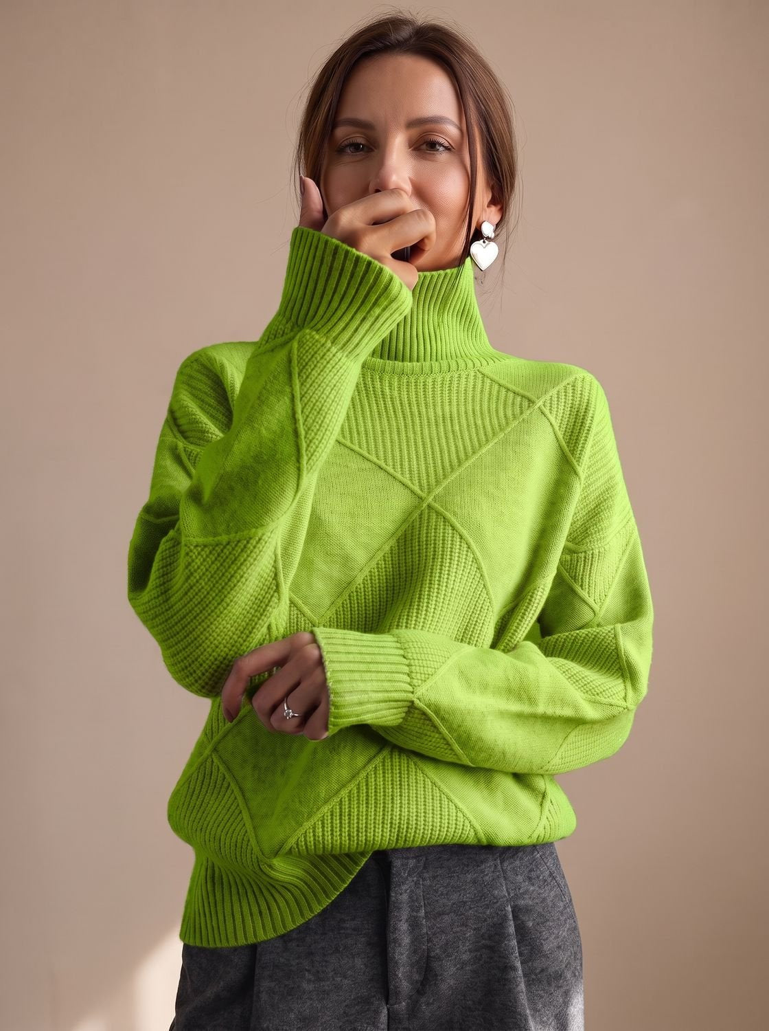 Rollkragenpullover Damen Oversize mit geometrischem Strickmuster