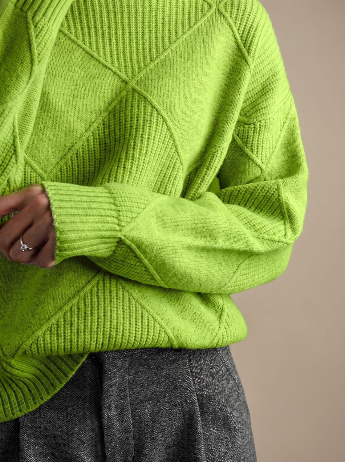 Rollkragenpullover Damen Oversize mit geometrischem Strickmuster