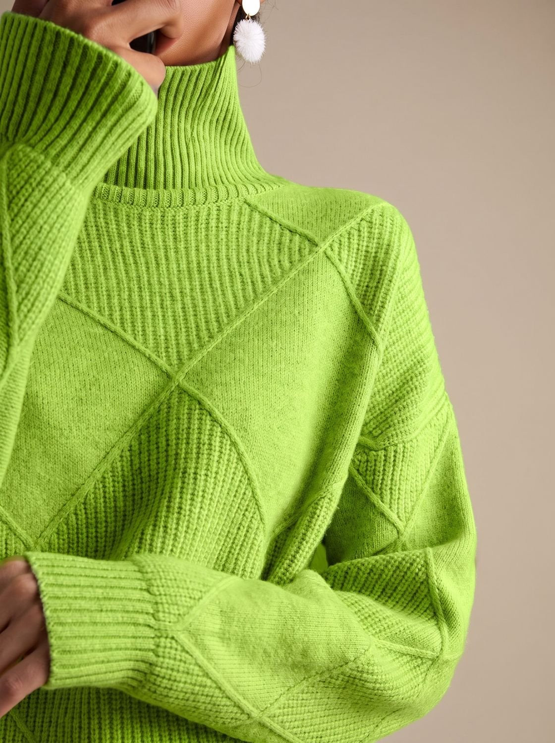 Rollkragenpullover Damen Oversize mit geometrischem Strickmuster