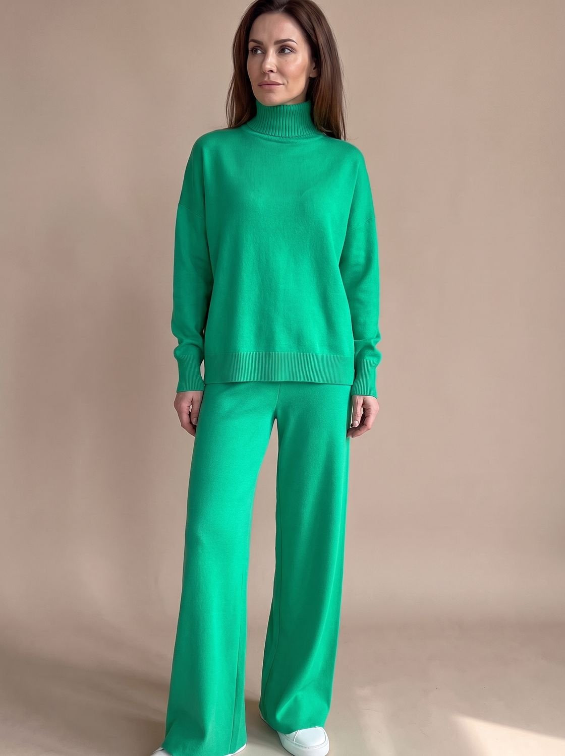 Rollkragenpullover Set Damen aus Strick, Oversize mit weiter Hose