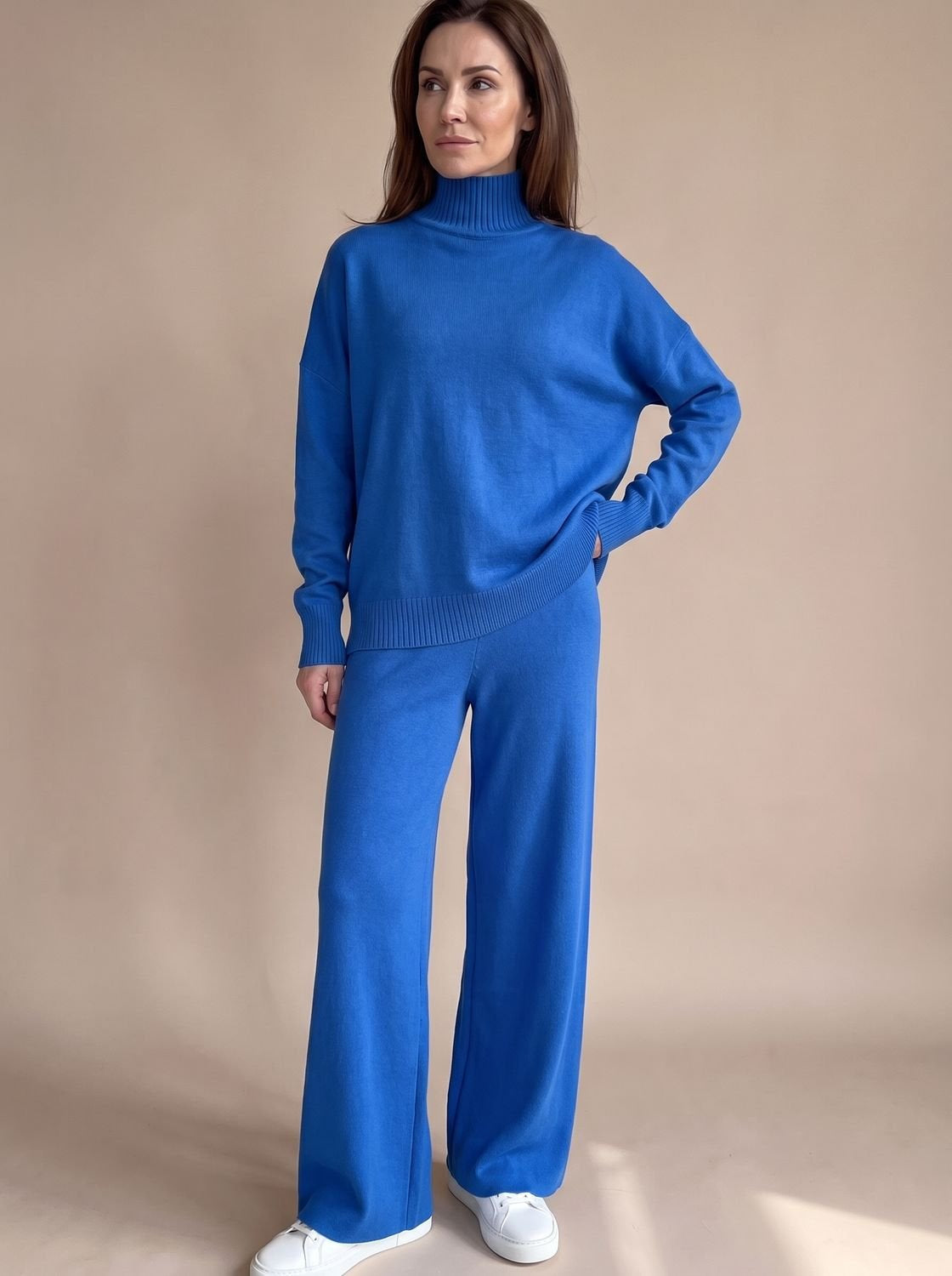 Rollkragenpullover Set Damen aus Strick, Oversize mit weiter Hose