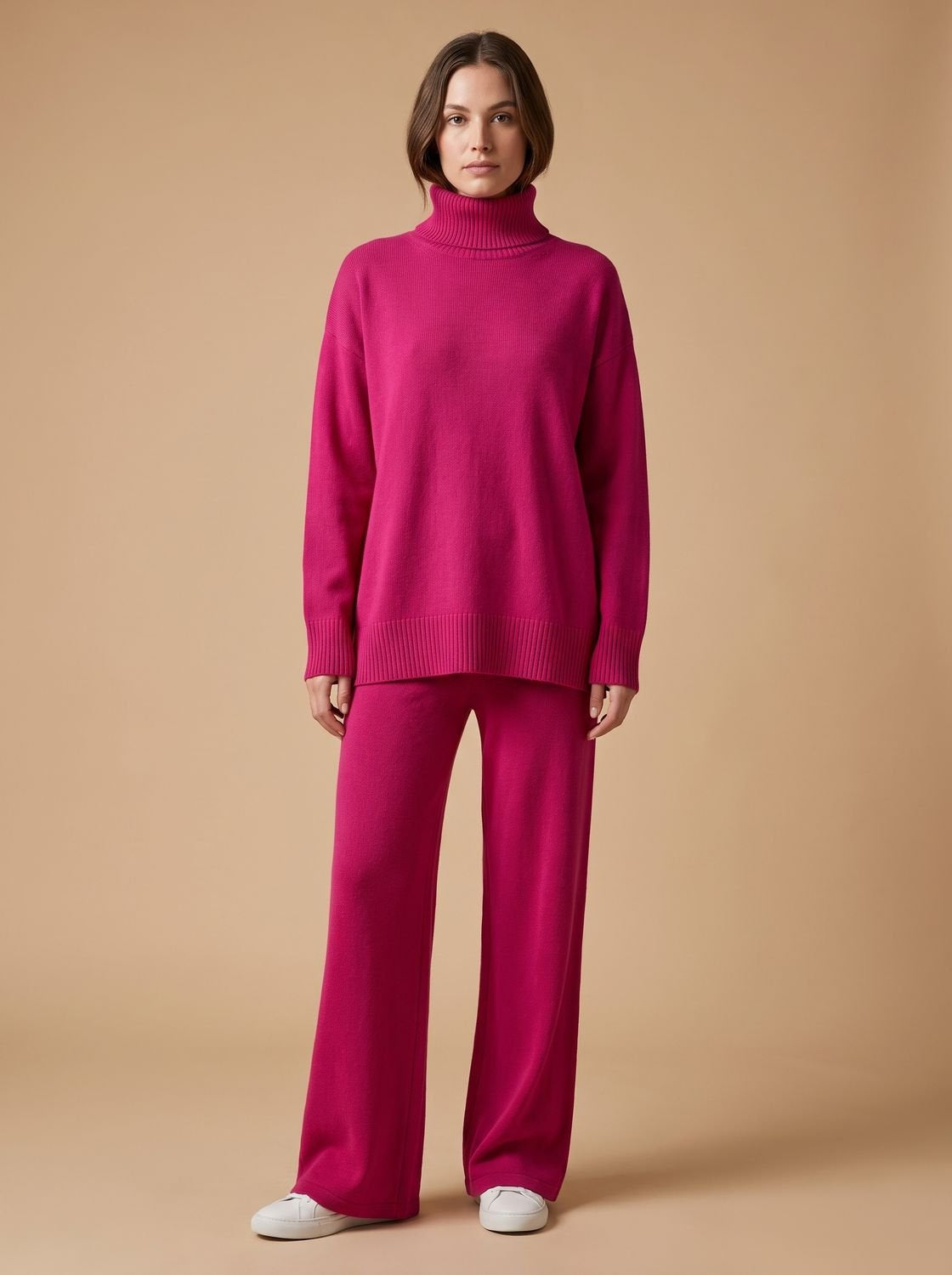 Rollkragenpullover Set Damen aus Strick, Oversize mit weiter Hose