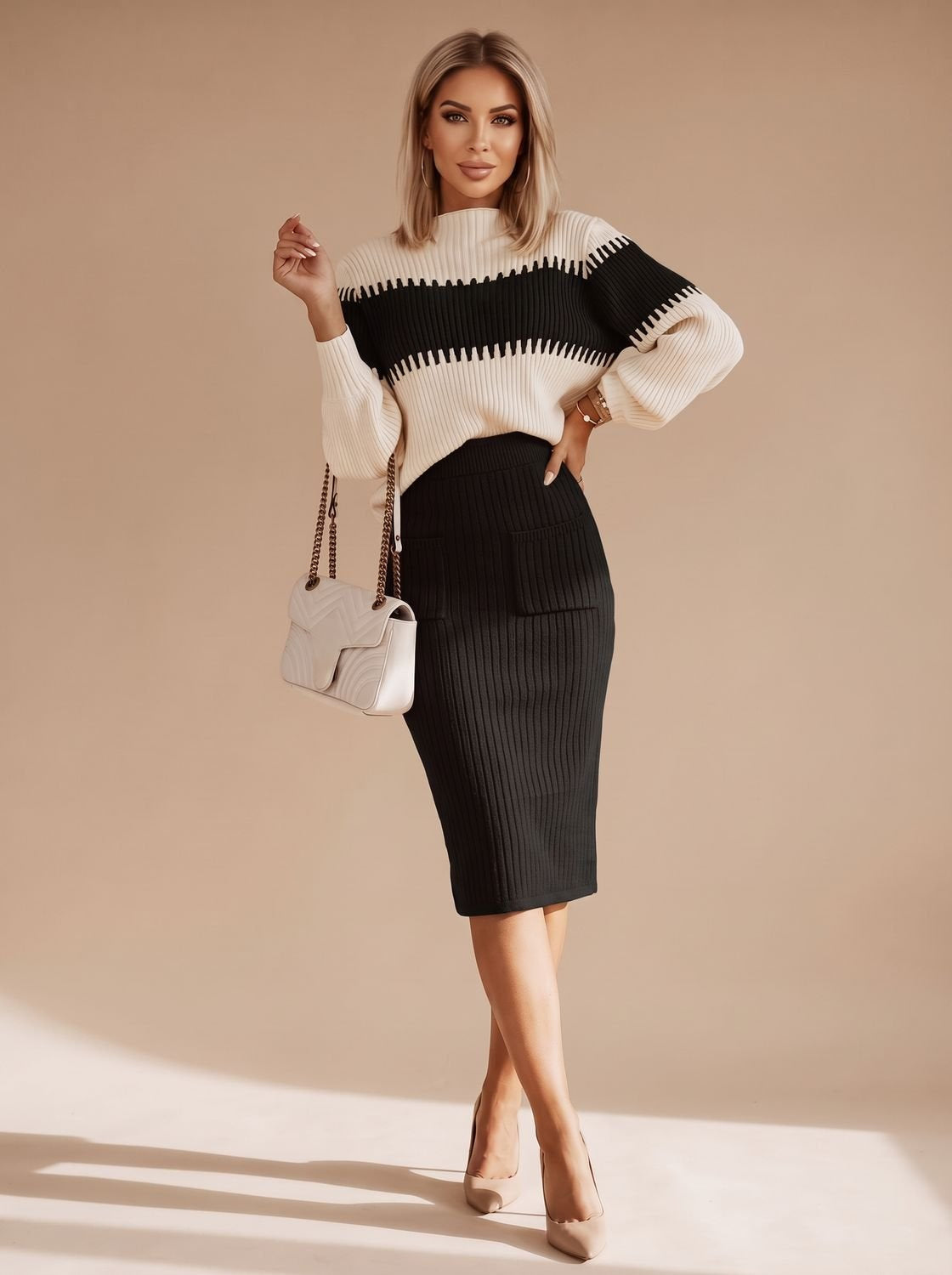 Rollkragenpullover Set Damen mit geschlitztem Midi-Strickrock