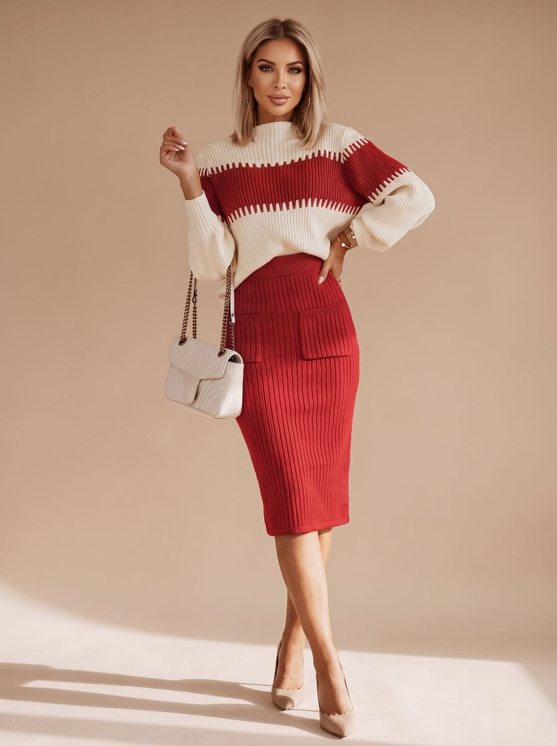 Rollkragenpullover Set Damen mit geschlitztem Midi-Strickrock