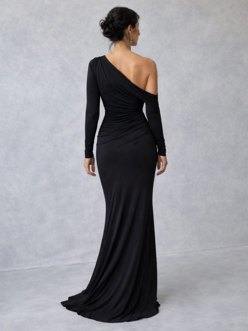 Samtkleid mit asymmetrischem Ausschnitt und Raffungen für Damen