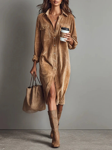 Samtkleid mit Hemdkragen und Knopfleiste für Damen