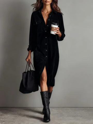 Samtkleid mit Hemdkragen und Knopfleiste für Damen
