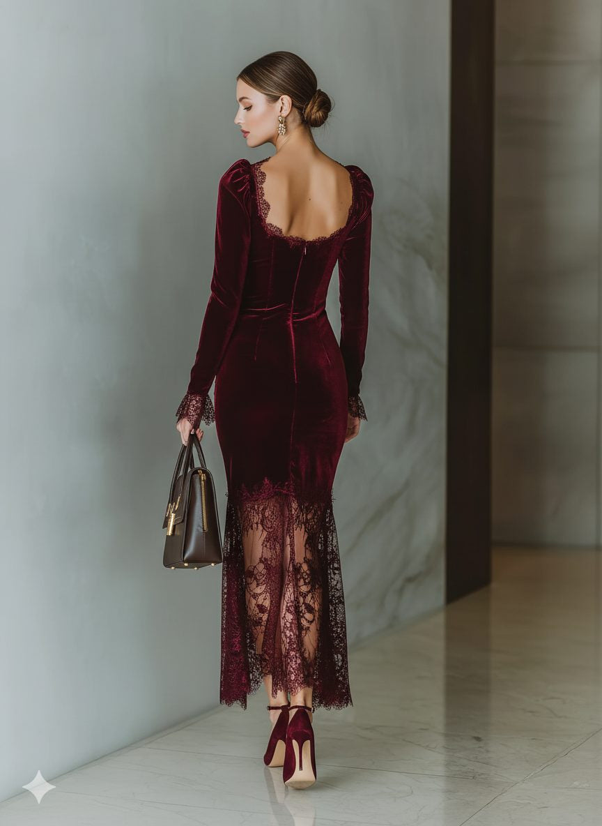 Samtkleid mit Karree-Ausschnitt und Spitze für Damen