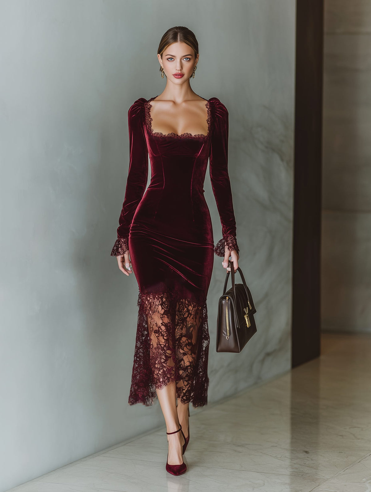 Samtkleid mit Karree-Ausschnitt und Spitze für Damen