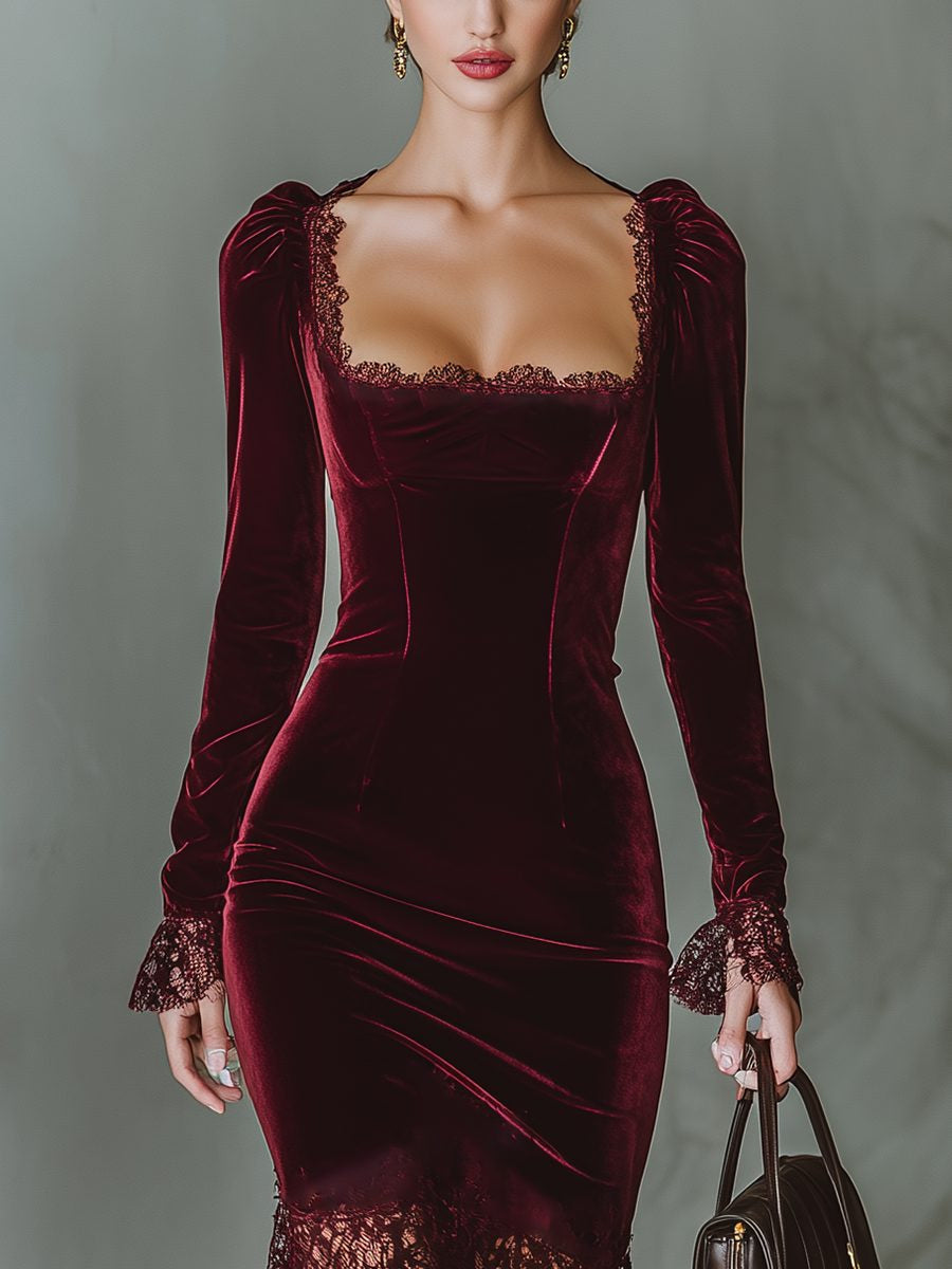 Samtkleid mit Karree-Ausschnitt und Spitze für Damen