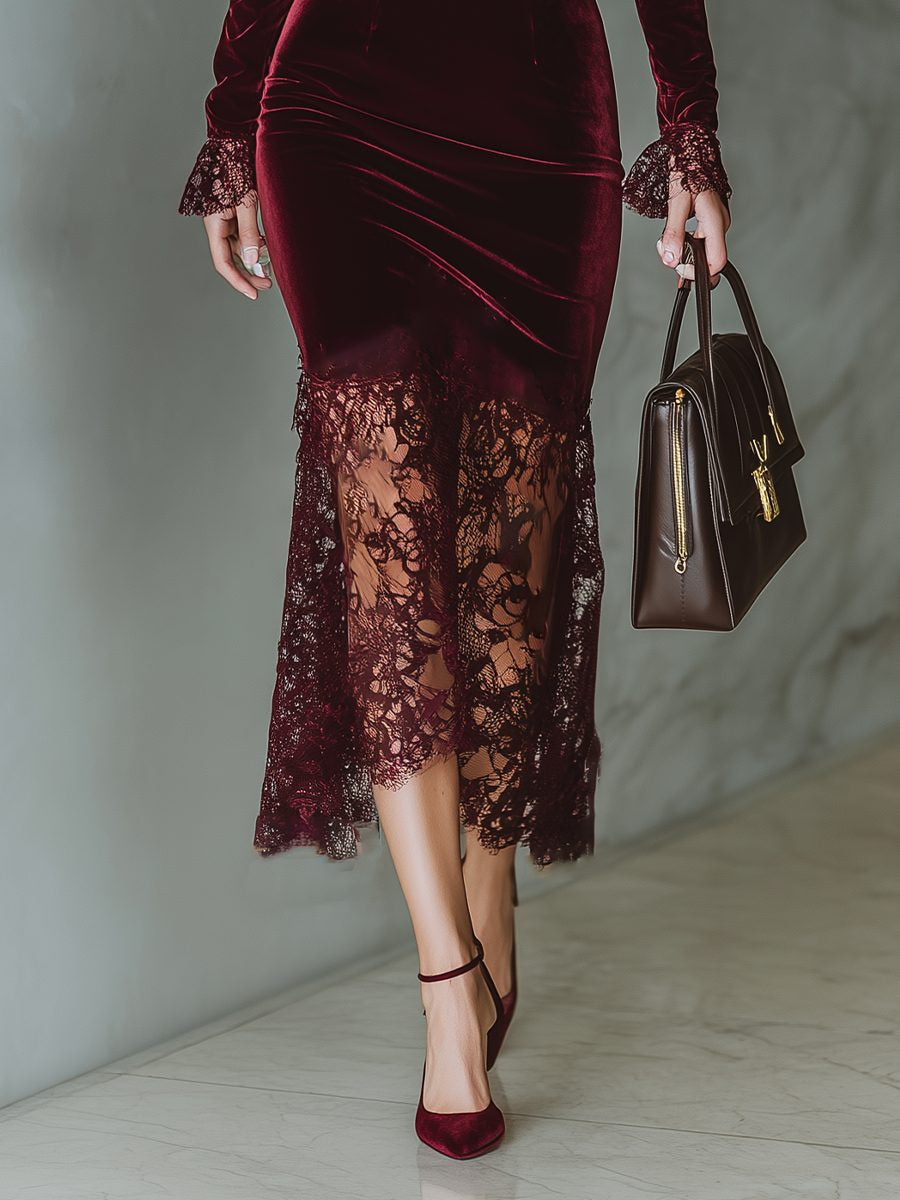 Samtkleid mit Karree-Ausschnitt und Spitze für Damen