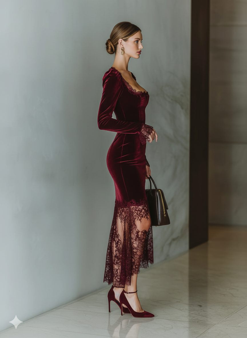 Samtkleid mit Karree-Ausschnitt und Spitze für Damen
