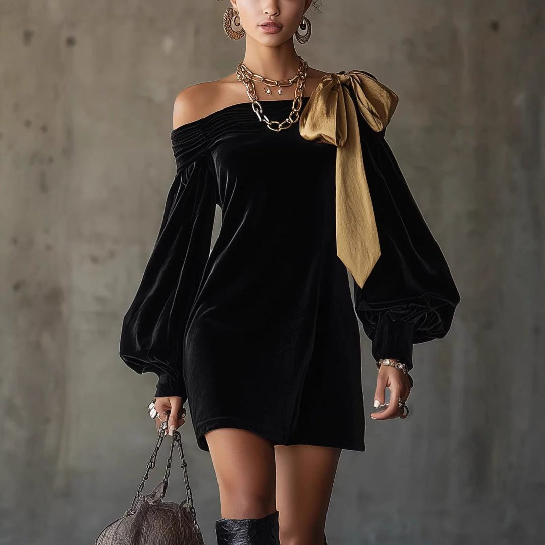 Samtkleid mit Puffärmeln und schulterfreiem Schnitt für Damen