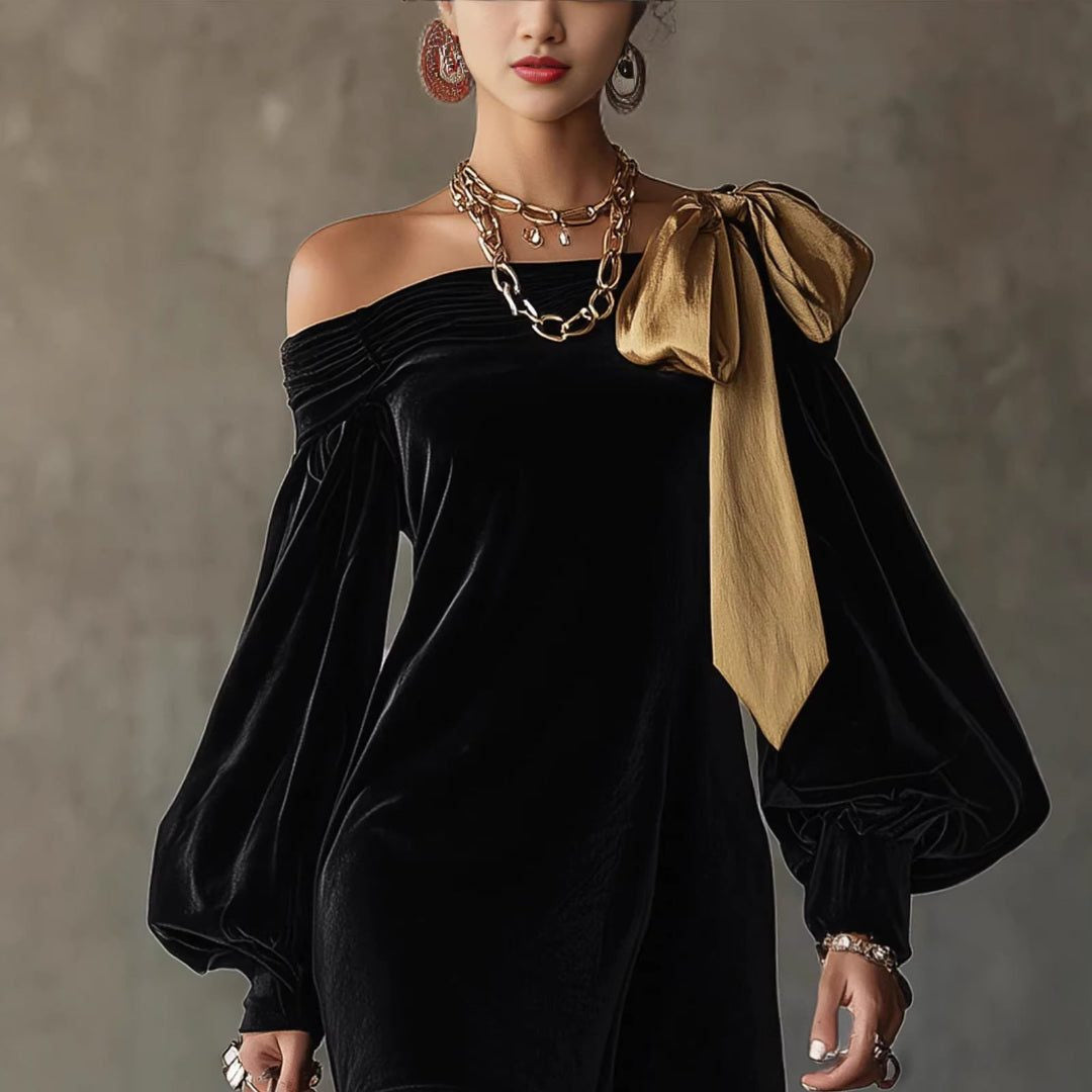Samtkleid mit Puffärmeln und schulterfreiem Schnitt für Damen