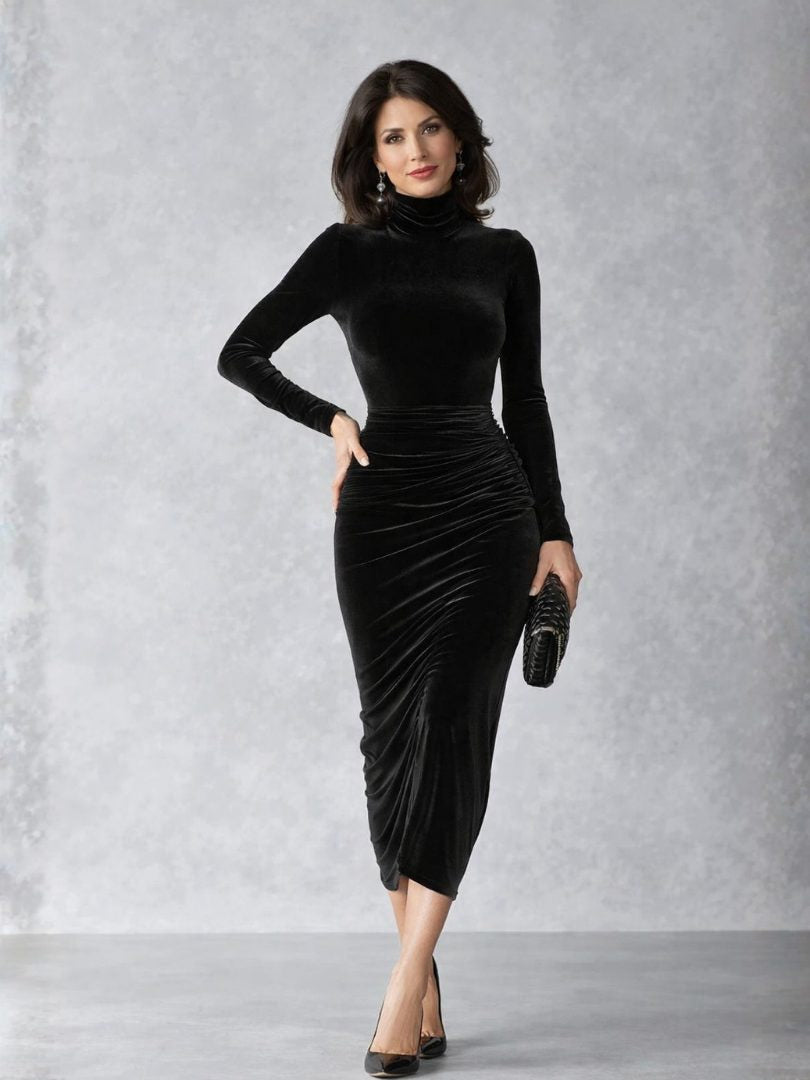 Samtkleid mit Raffung und langen Ärmeln für Damen