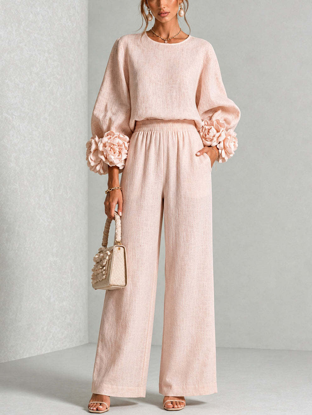 Zweiteiler mit floralen Ärmelabschlüssen und weiter Hose für Damen