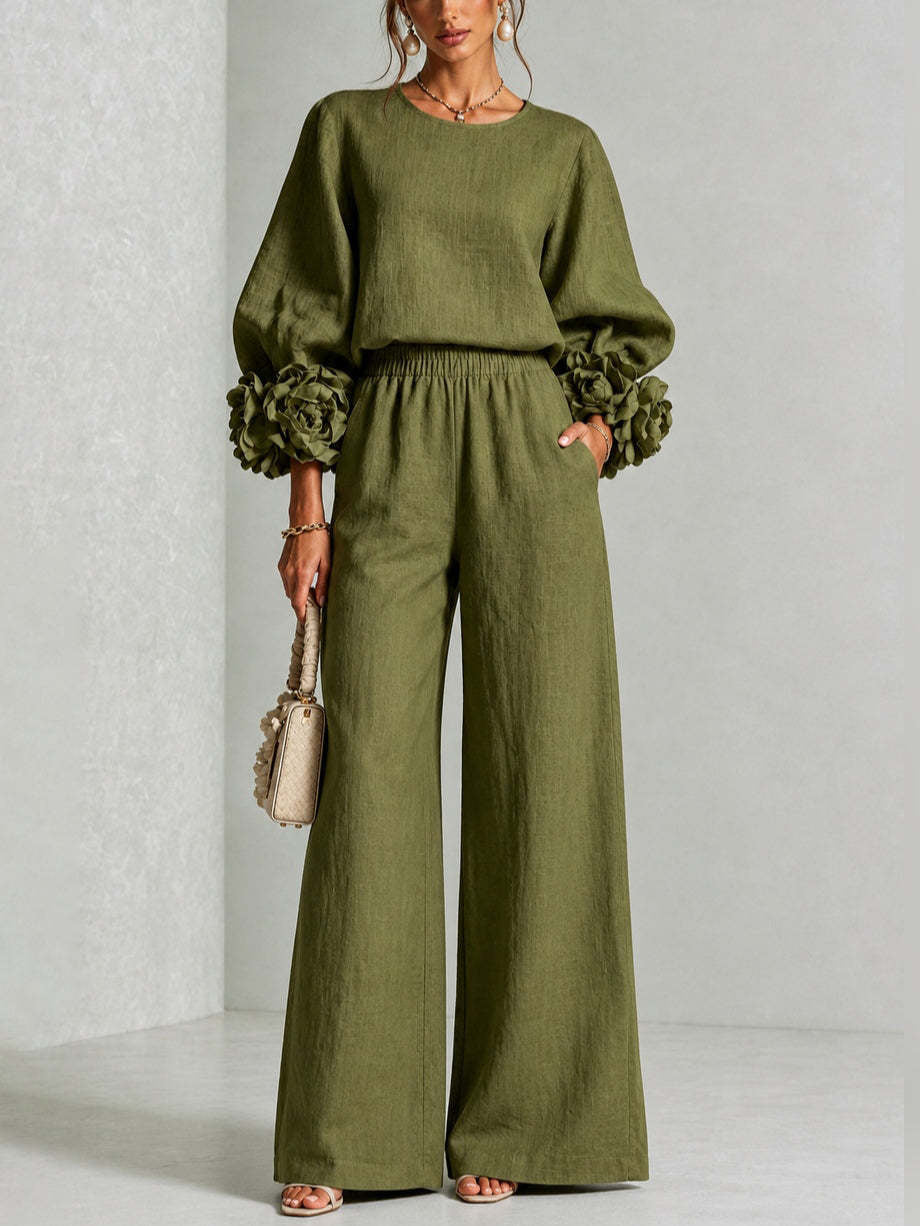 Zweiteiler mit floralen Ärmelabschlüssen und weiter Hose für Damen