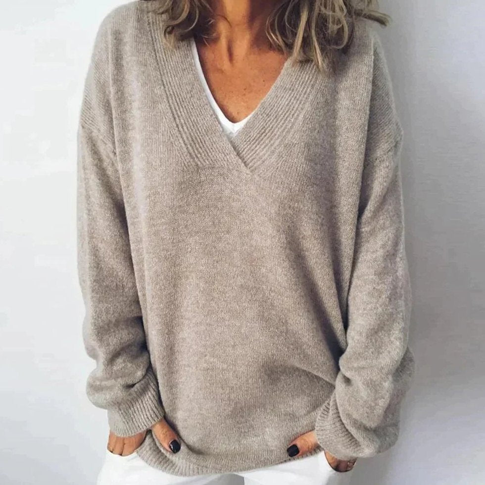Pullover Damen oversized mit V Ausschnitt aus Feinstrick langarm