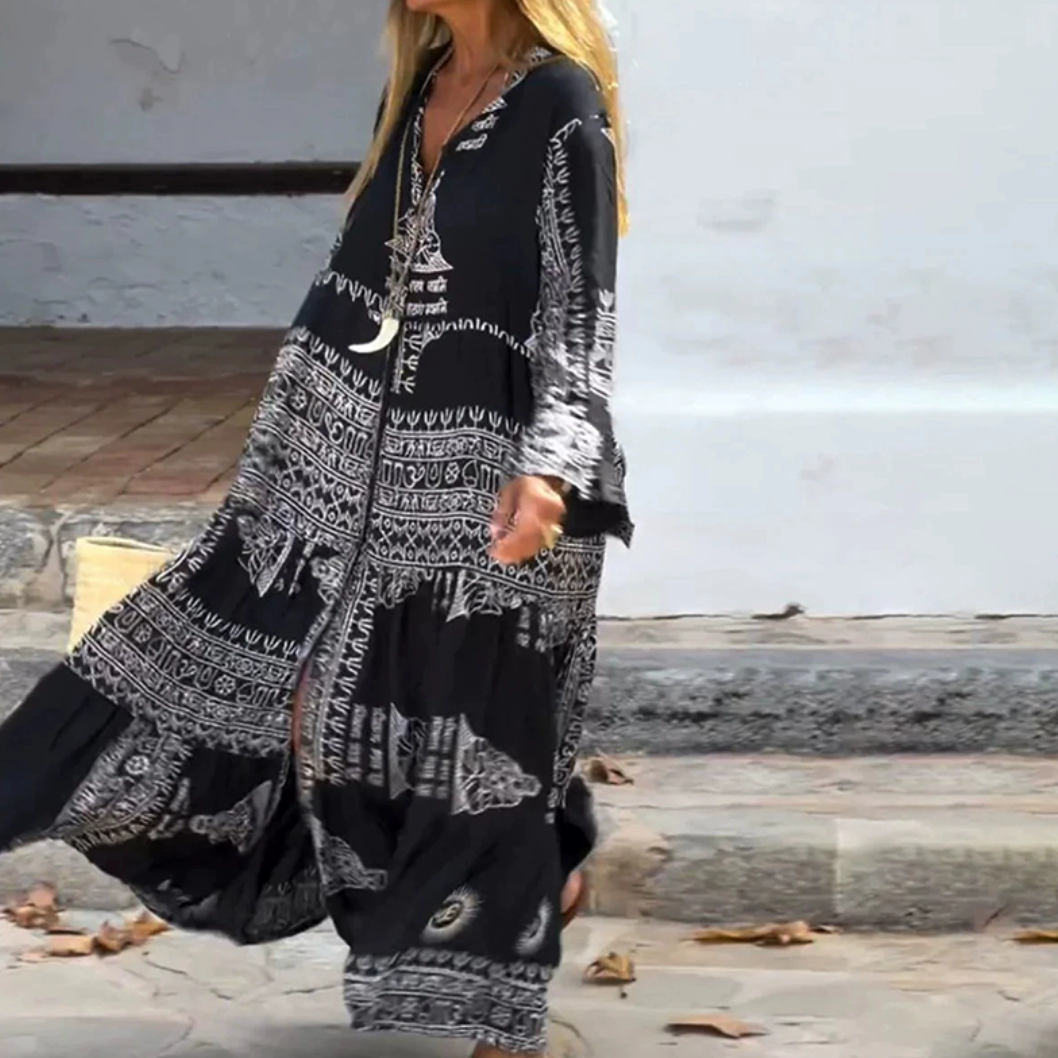 Bayer Modehaus - Damen Maxikleid mit Ornament-Print, Bindegürtel und Volantsaum - Produktbild 2