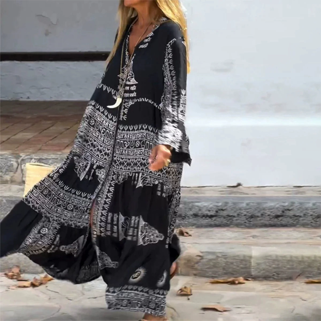 Maxikleid im Bohemian-Stil mit Volantsaum in Schwarz