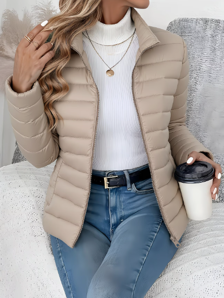 Steppjacke mit schmalem Schnitt und hohem Kragen für Damen in Beige - Ansicht 3