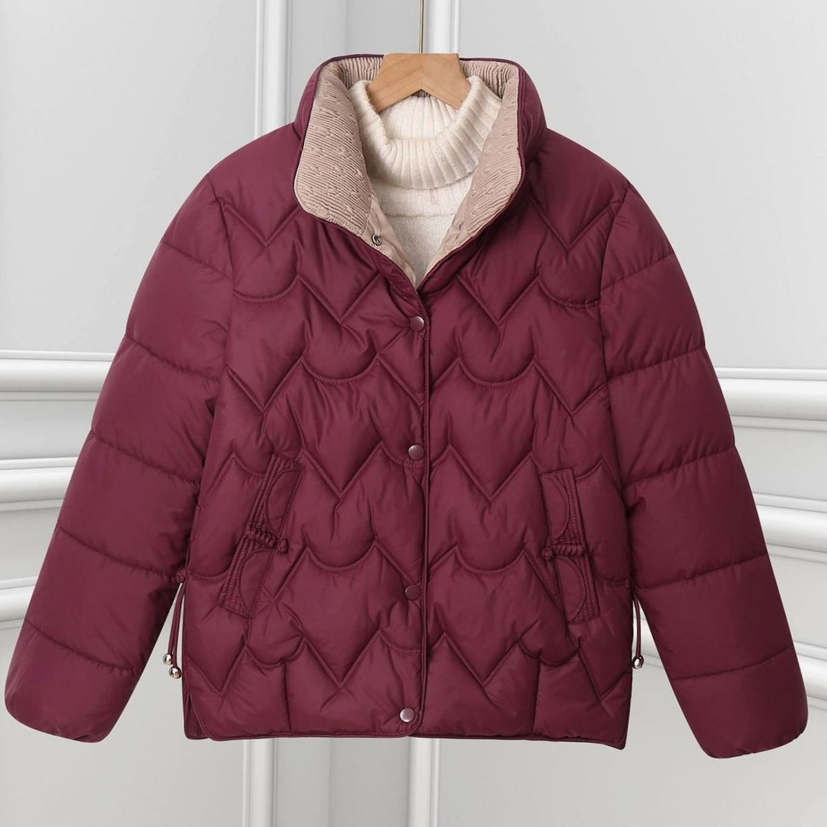 Steppjacke kurz mit Bogensteppung und Stehkragen für Damen in Angorrot - Ansicht 3