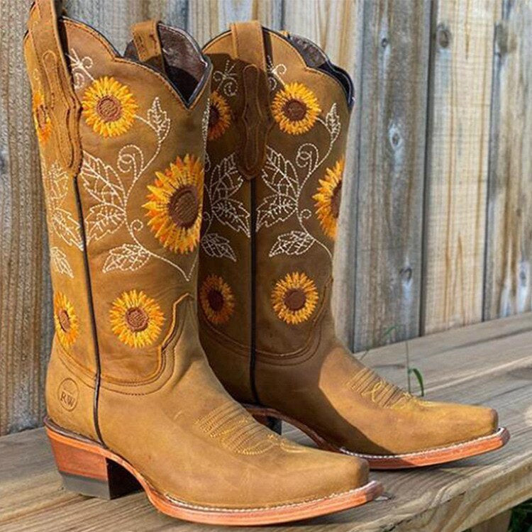 Stiefel mit Sonnenblumenstickerei und Westernabsatz für Damen
