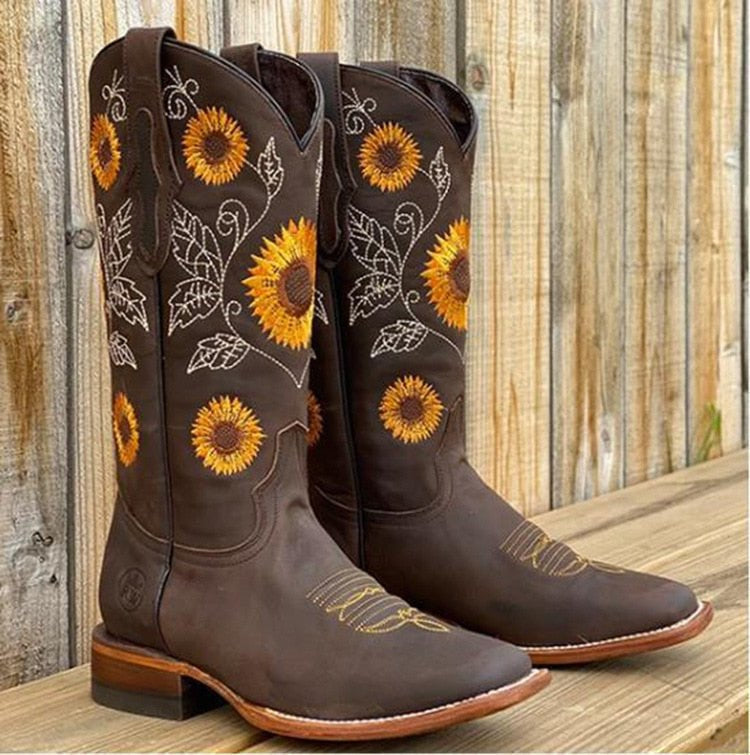 Stiefel mit Sonnenblumenstickerei und Westernabsatz für Damen - Ansicht 2