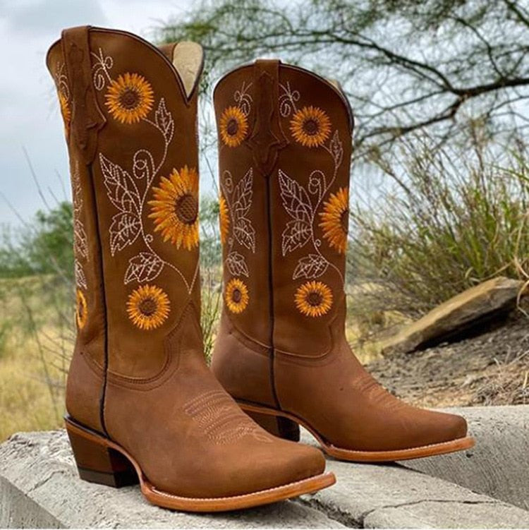Stiefel mit Sonnenblumenstickerei und Westernabsatz für Damen - Ansicht 3