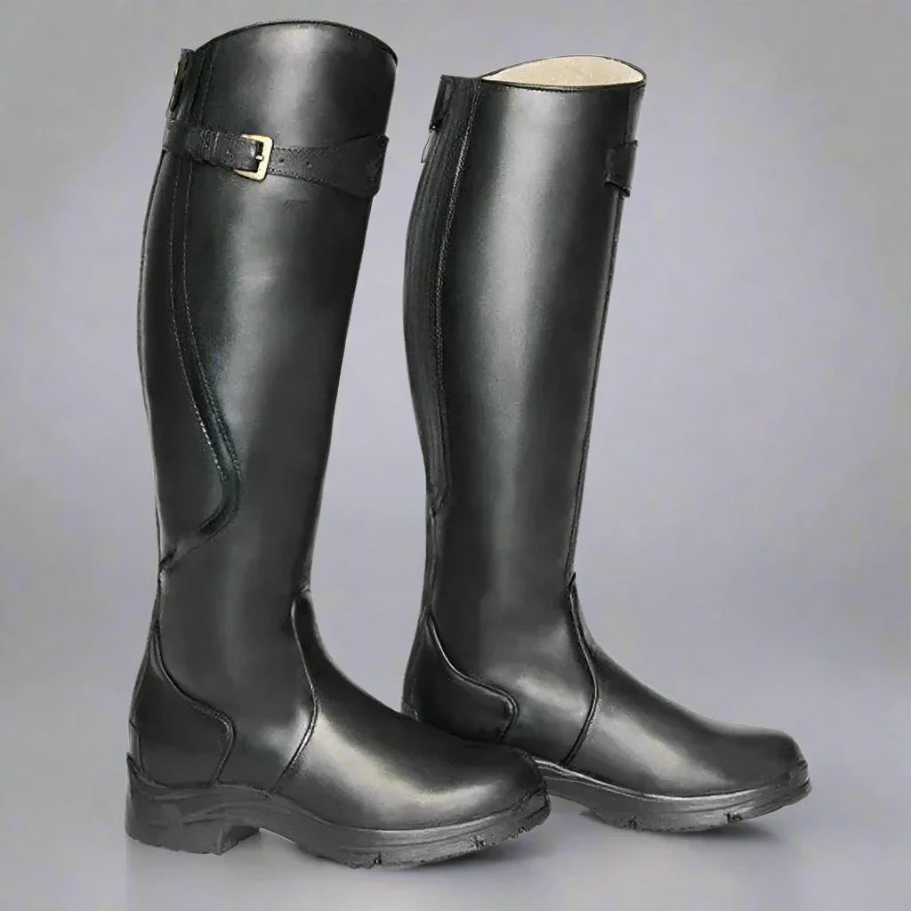 Kniehohe Stiefel mit Rückenzip und Zierschnalle für Damen in Schwarz - Ansicht 2