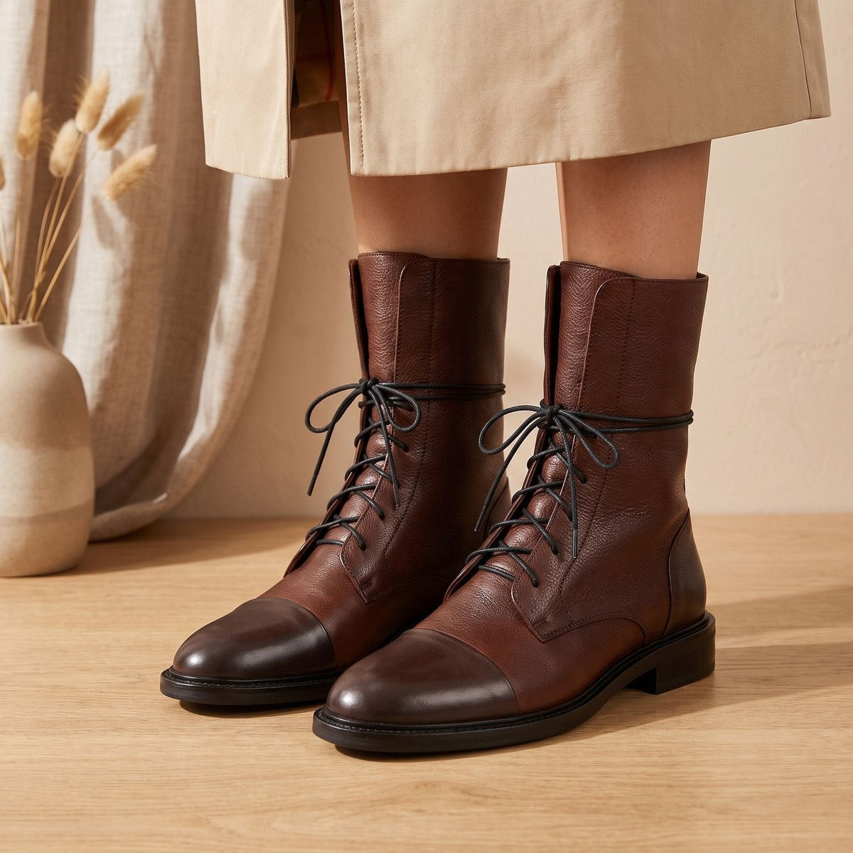 Stiefeletten Damen aus Kunstleder mit Baumwollfutter und Schnürung